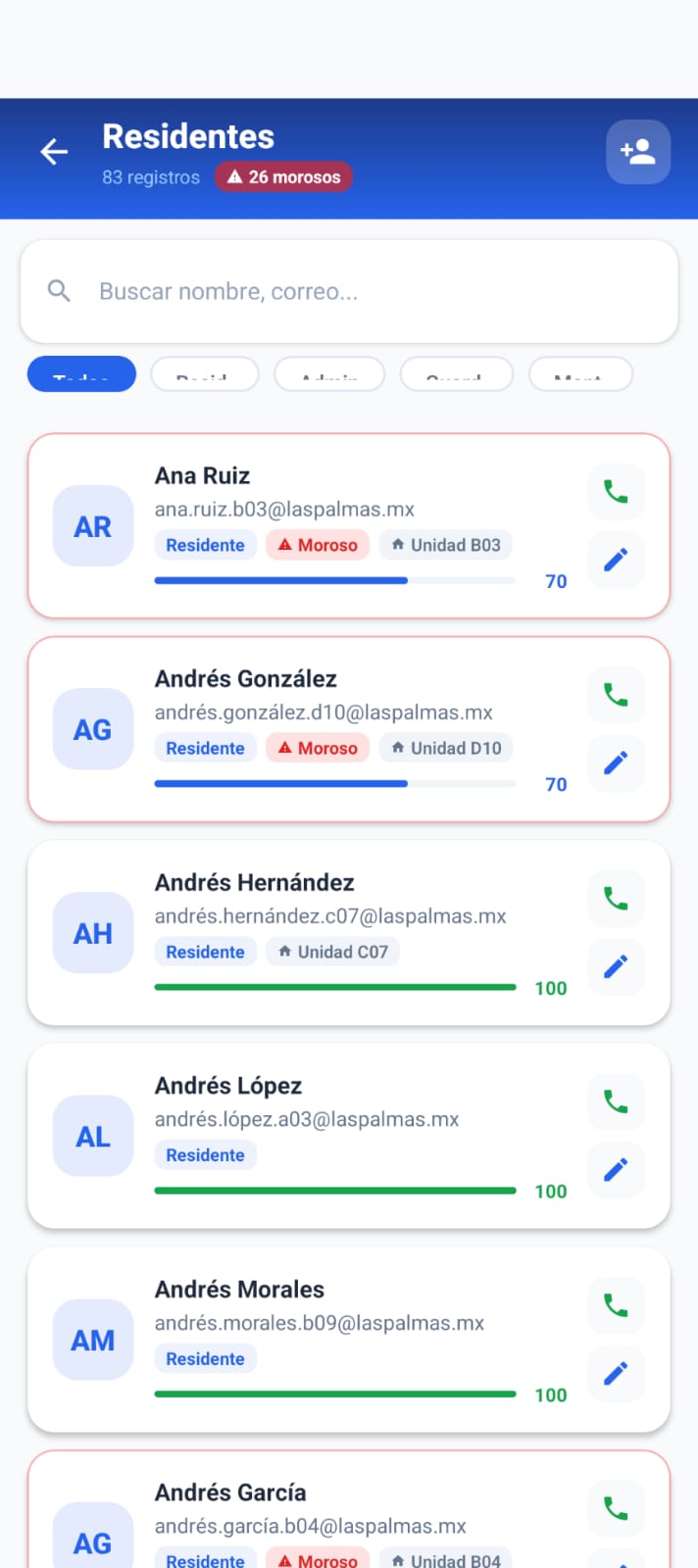 Lista de Residentes Móvil